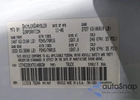 2007 Dodge Dakota St from USA, damaged, VIN 1D7HE22KX7S148630